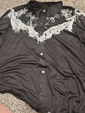 Barbie Black Button-Down Shirt with White Fringe & Floral Embroidery